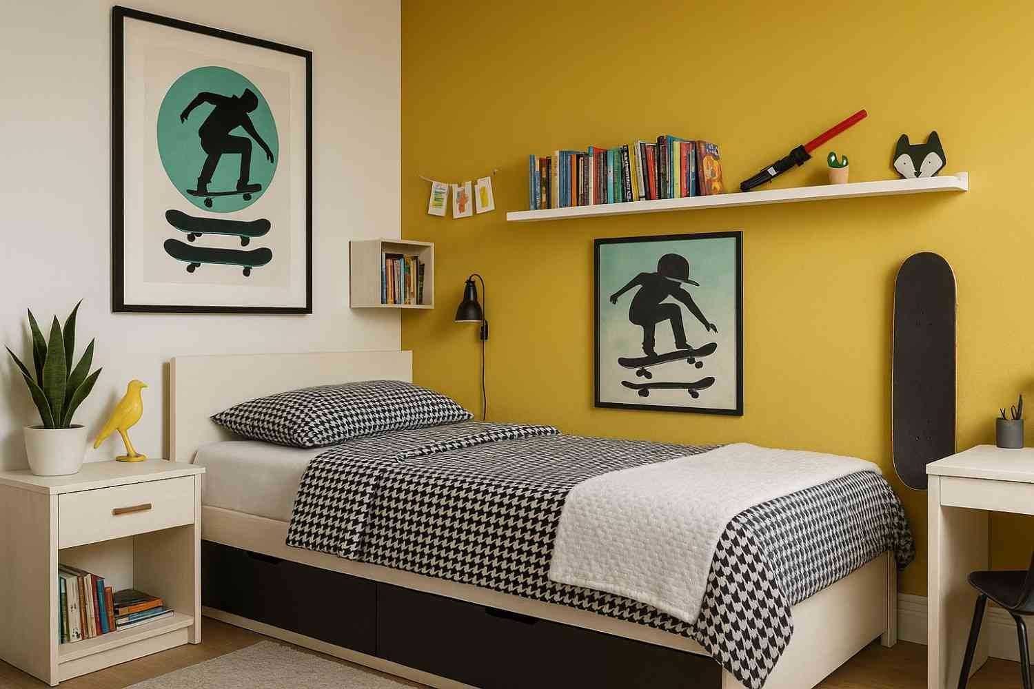 "Fotorealistisches Jugendzimmer mit gelber Akzentwand, hellem Holzbett und passenden Möbeln. Das Bett ist mit einer schwarz-weißen grafischen Bettwäsche und einer weißen Tagesdecke dekoriert. An der Wand hängen Skateboard-Poster und ein echtes Skateboard. Ein Regal über dem Bett zeigt Bücher und jugendliche Accessoires. Natürliche Lichtverhältnisse und hochwertige Materialien sorgen für eine warme, einladende Atmosphäre.