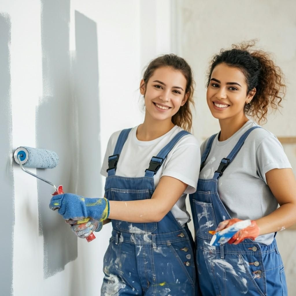 Zwei junge Frauen in Arbeitskleidung streichen gemeinsam eine Wand mit grauer Dispersionsfarbe. Beide tragen blaue Latzhosen, weiße T-Shirts und lächeln in die Kamera. Eine hält eine Farbrolle, die andere eine Farbwanne – das Bild vermittelt Freude am Renovieren und gemeinsames Arbeiten mit umweltfreundlicher Wandfarbe.