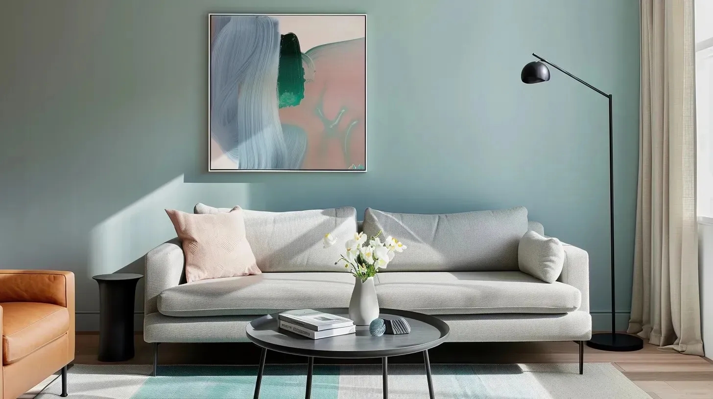 Wandfarbe Türkis nachhaltig mit hellgrauem Sofa und modernem Bild
