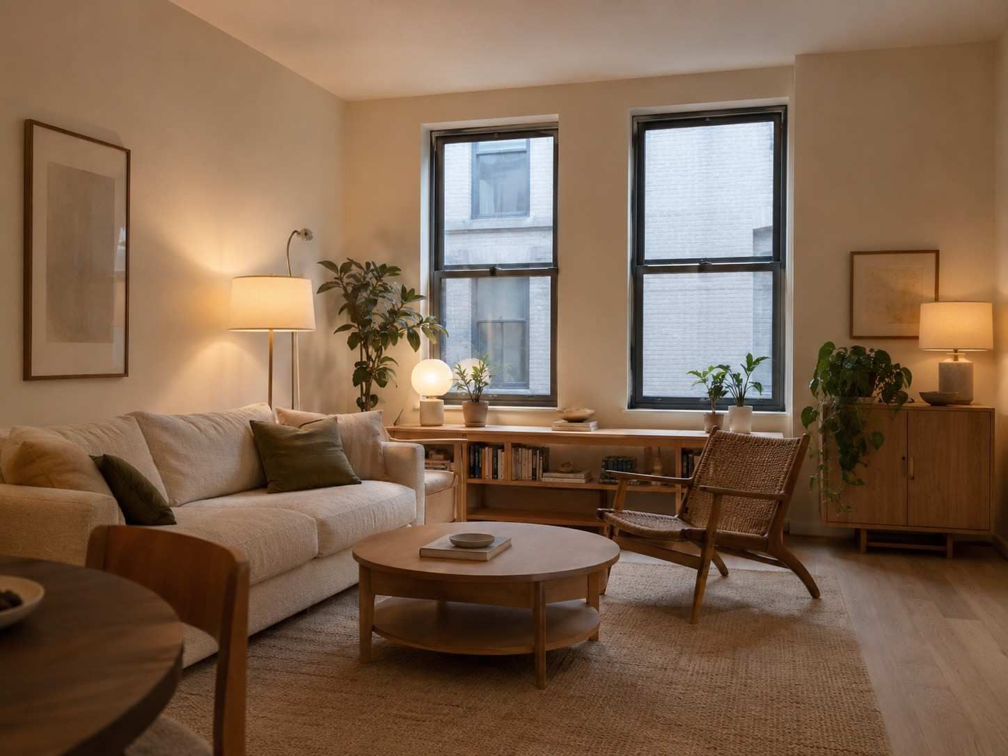 Ein gemütliches Wohnzimmer mit nordseitigen Fenstern und wenig natürlichem Licht. Creme- und Vanilletöne an den Wänden, warme indirekte Beleuchtung durch Stehlampen, helle Eichenmöbel und einige grüne Pflanzen schaffen eine ruhige, einladende Atmosphäre im skandinavisch inspirierten Stil.