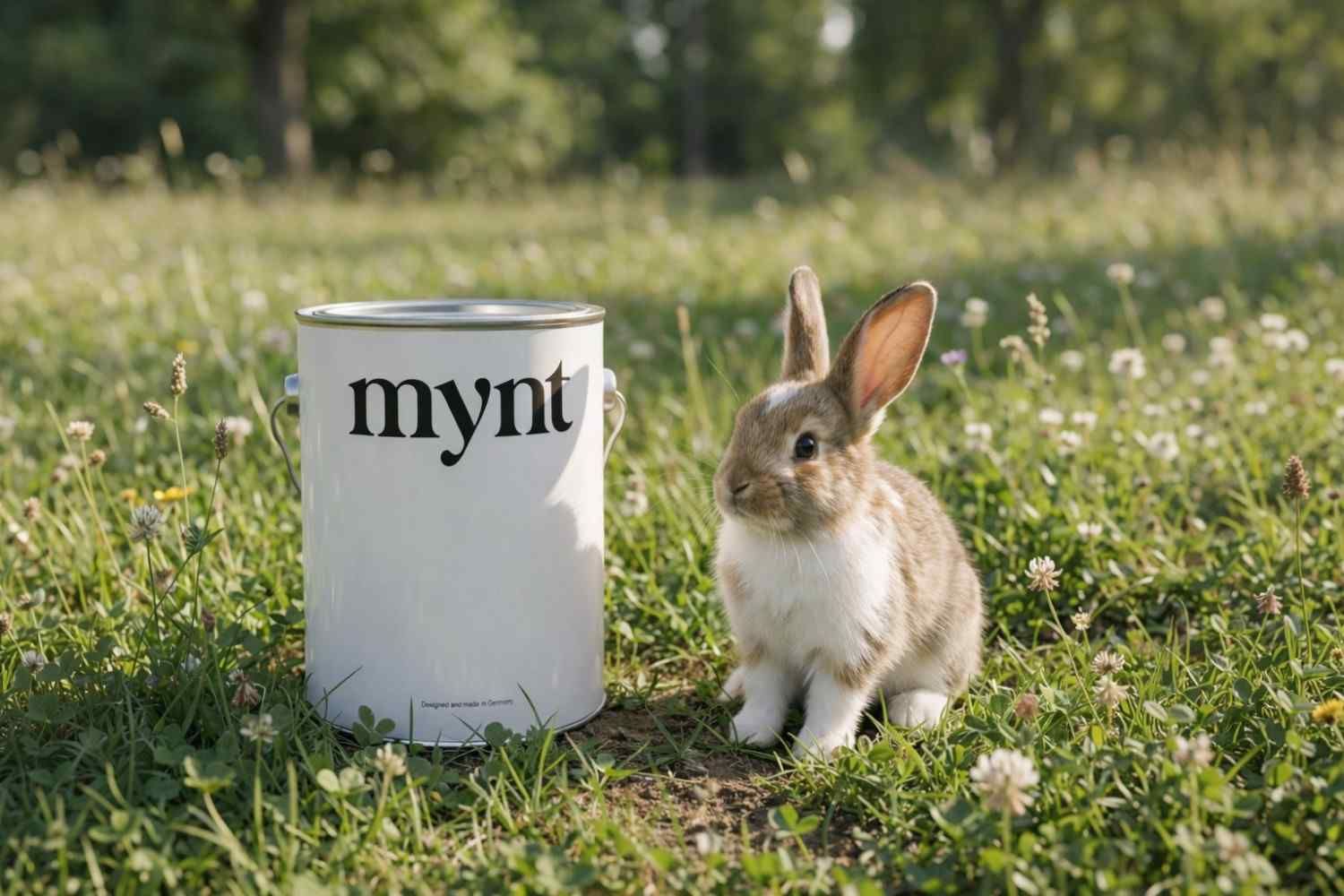 Kaninchen mit Mynt Farbdose in der Wiese