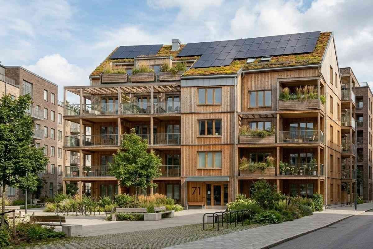 Wohnhaus aus Holz mit Photovoltaik und begrüntem Dach.