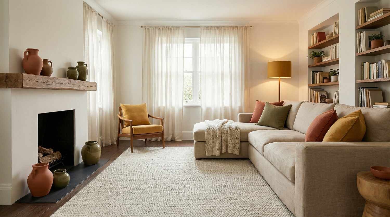 Gemütliches Wohnzimmer mit bunten Akzenten