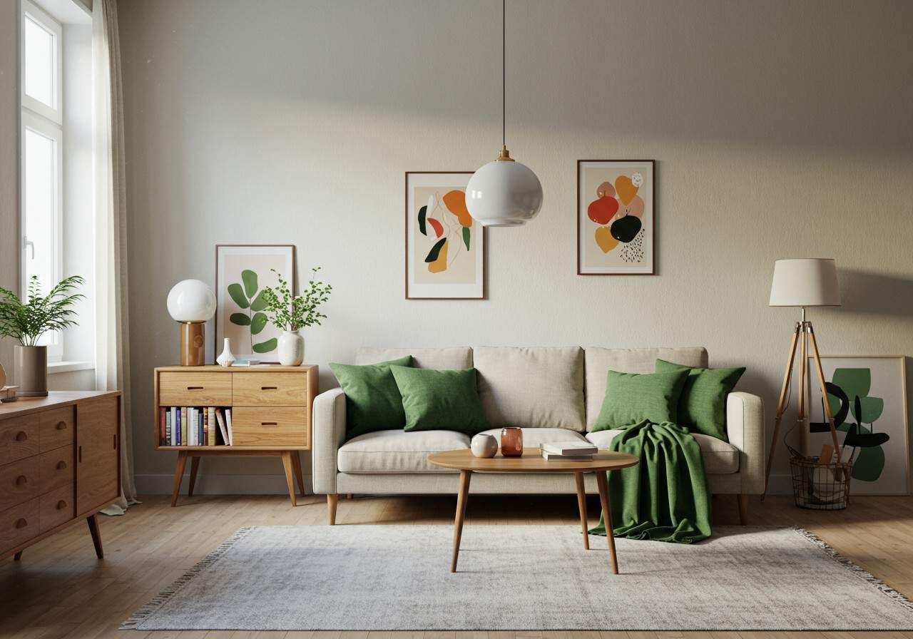 Helles Wohnzimmer mit neutralen Wänden und grünen Akzenten, modernes Design mit natürlichen Holzmöbeln und grafischer Wanddekoration.