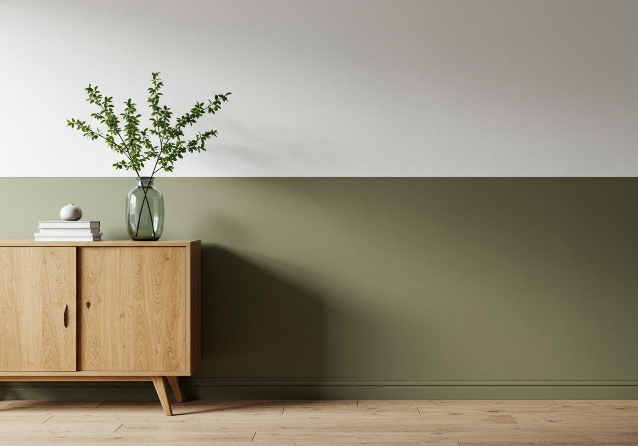 Wohnzimmer mit halbhoch gestrichener Wand in Olivgrün und Weiß, Holzkommode im Mid-Century-Stil und Vase mit grünen Zweigen.