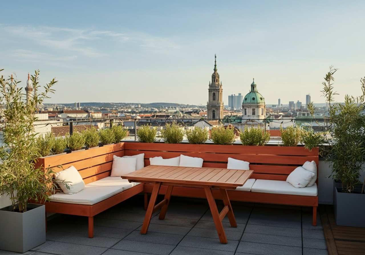Holzmöbel Lounge in Terrakotta Farbton auf einer Dachterrasse in einer europäischen Stadt