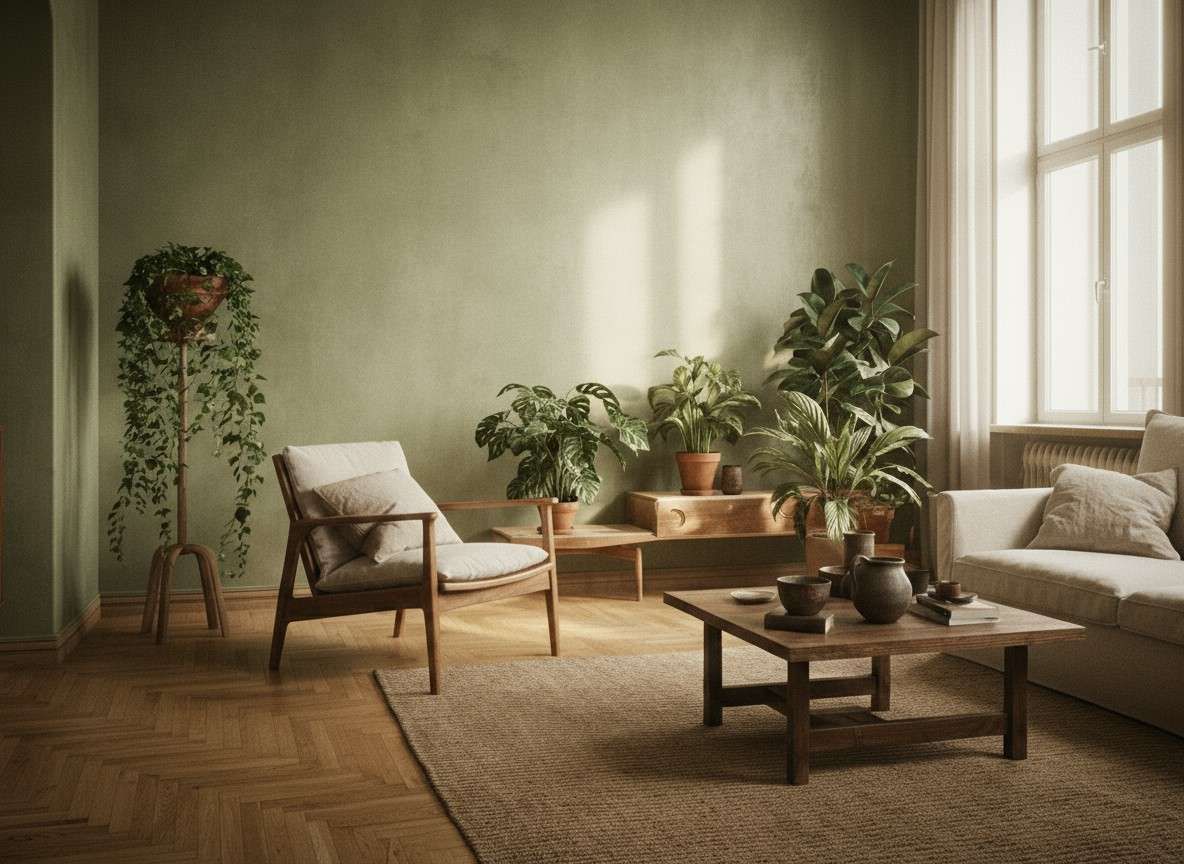 Biophiles Wohnzimmer mit grün gestrichenen Wänden, Holzmöbeln und üppigen Pflanzen. Das natürliche Tageslicht betont Texturen und vermittelt Harmonie und Wohlbefinden.