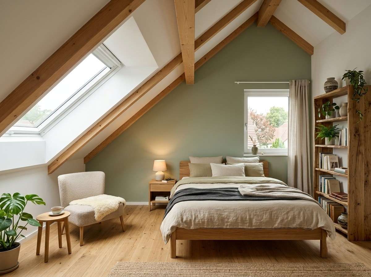 Modernes Schlafzimmer mit Dachschrägen und natürlich grüner Akzentwand mit nachhaltiger Wandfarbe von Mynt.