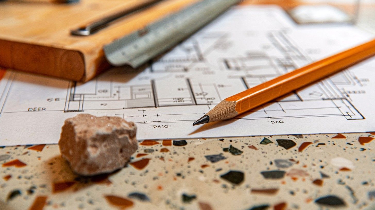 Arbeitsplatz eines Innenarchitekten mit Bleistift, Lineal und Plänen