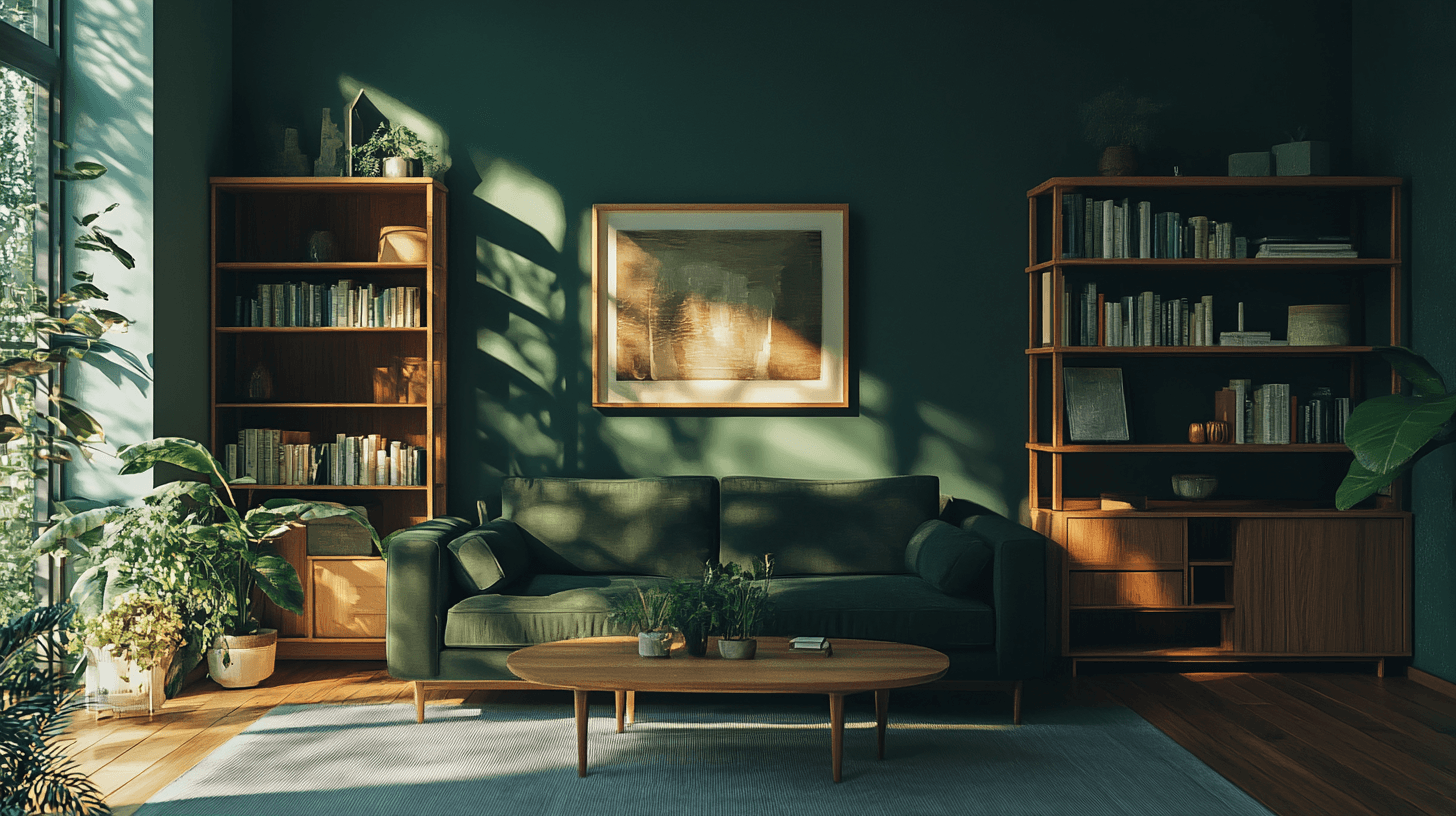 Ein dunkelgrünes Wohnzimmer mit Holzmöbeln