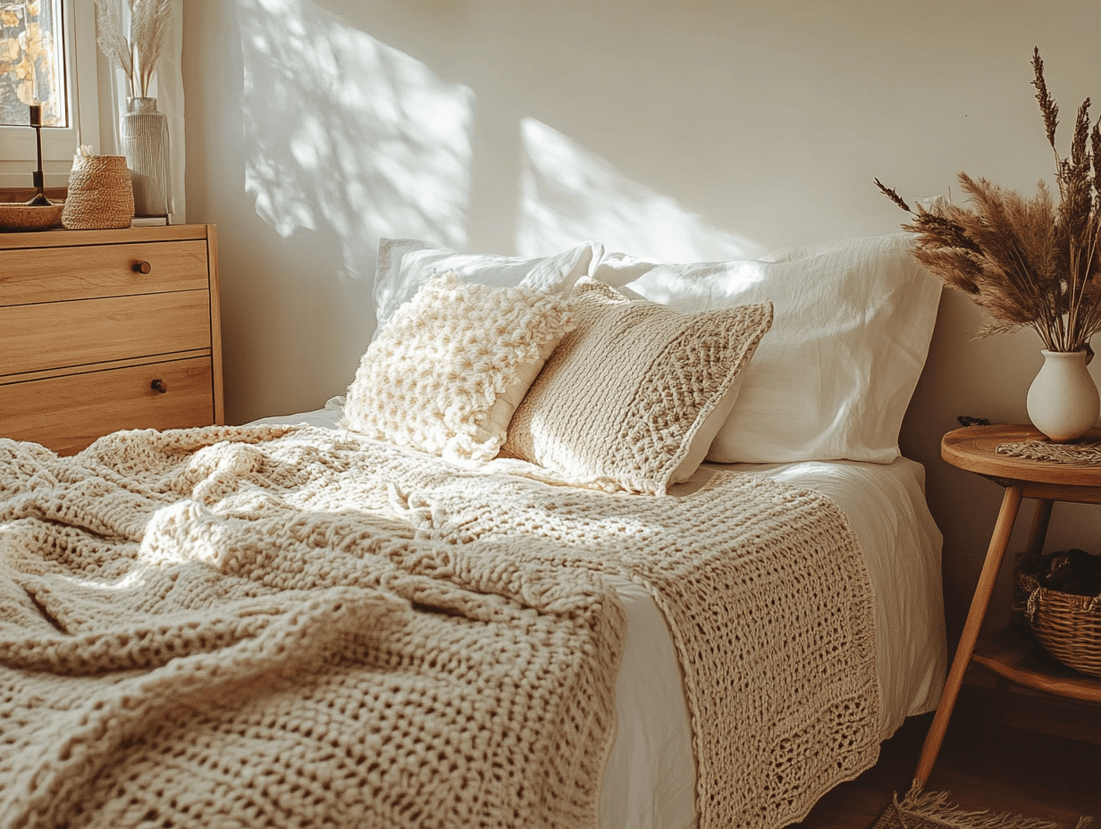 Schlafzimmer in hellen Beige-Tönen mit Häkeldecke