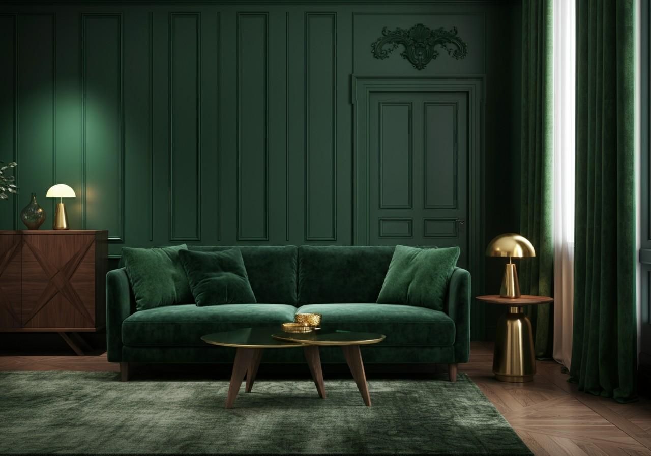 Modernes Wohnzimmer in monochromem Grünton mit samtigem Sofa, passenden Vorhängen und goldenen Lampen, kombiniert mit Holz- und Messing-Details.
