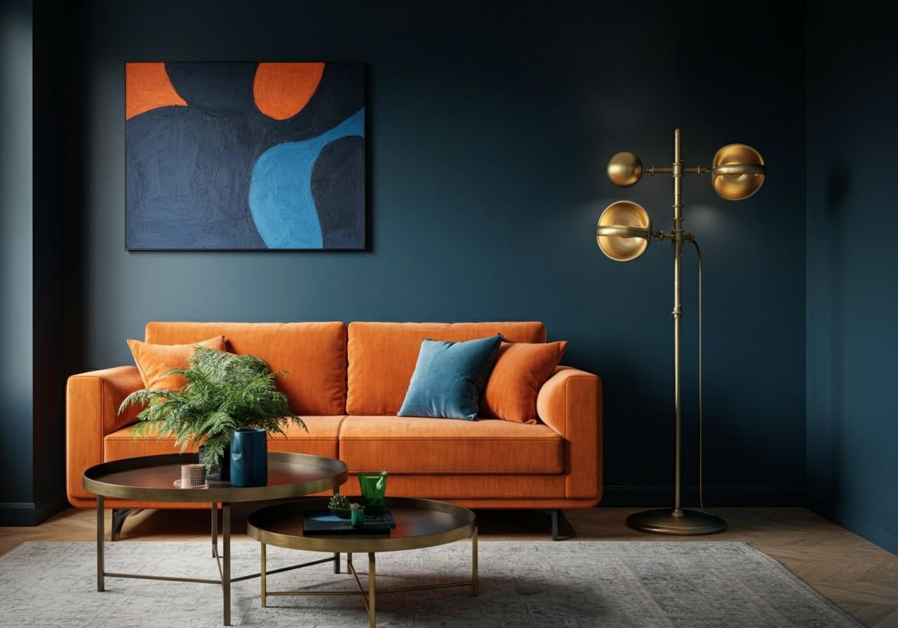 Modernes Wohnzimmer mit dunkelblauer Wand, orangefarbenem Samtsofa, blauen und orangen Kissen, abstraktem Wandbild in Blau und Orange, goldener Stehlampe und runden Couchtischen mit Pflanzen und Dekoration.